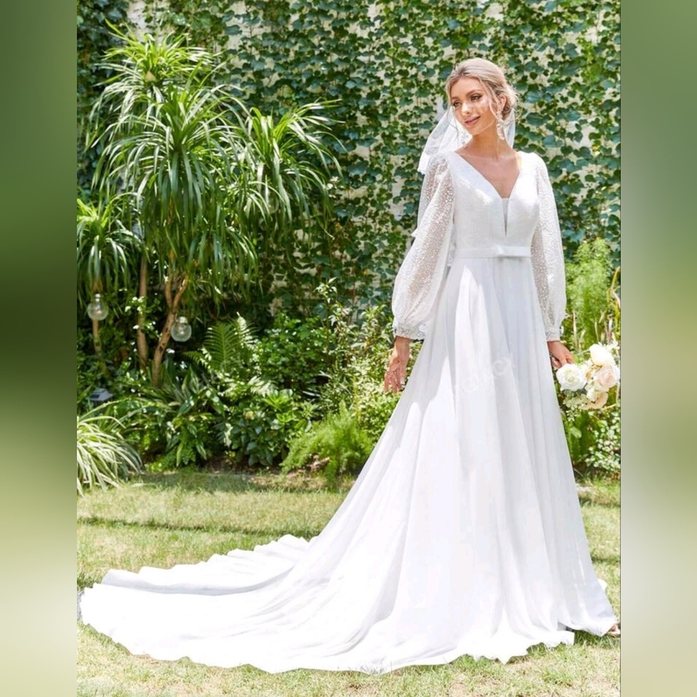 Contrast Mesh V-neck Lantern Sleeve Chiffon Wedding Dress Sz 8/10
